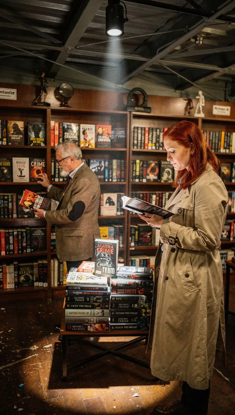 Plakát na zdi propagující literární večer zaměřený na kriminální fikci.