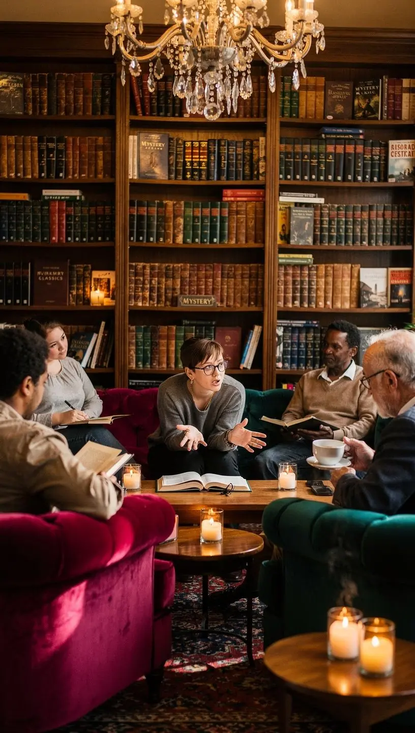 Fotografie knihkupectví s lidmi vybírajícími knihy a procházejícími mezi regály.