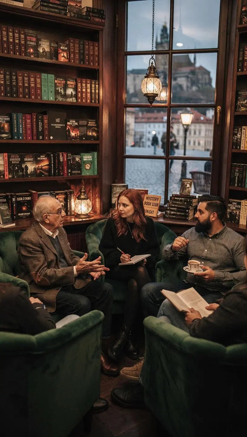 PoliДЌka plnГЎ detektivnГ­ch romГЎnЕЇ v ГєtulnГ© knihkupectvГ­.